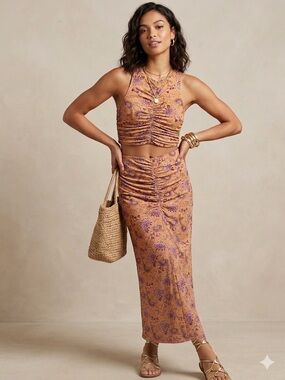 House of Harlow 1960 - Ruched Floral Two-Piece Set in apricot and violet
